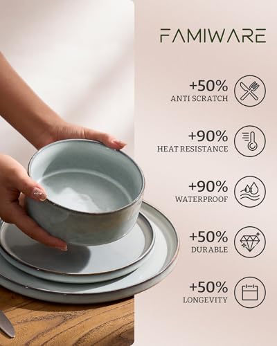 Image of Famiware Annecy Plates and Bowls Sets, Service for 4 (16 Pieces), Dinnerware Sets with Pasta Bowls, Microwave and Dishwasher Safe Dishes Set, Chip and Scratch Resistant, Grey Blue