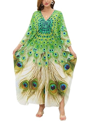 Image of KECVOT Kaftan Dresses for Women Embroidered Short Sleeve V-Neck Plus Size Caftan Bikini Swimsuit Cover-Up Long Beach Dress