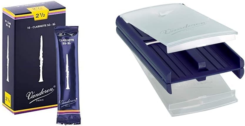 Vandoren CR1025 Bb Clarinet Traditional Reeds Strength 2.5; Box of 10 and Vandoren VQP06 Quad Pack Reed Case