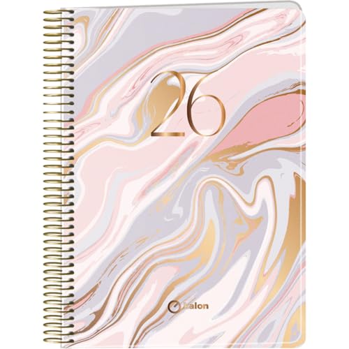 Q Kalon - Agenda 2026 - Semana de visualização vertical, tamanho A5 (15 x 21 cm), planeador anual multidioma (ESP, ING, FR e ALE), fecho de anéis, tampa de cartão e plástico protetor, mármore