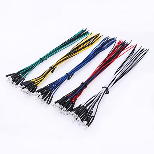 YIXISI 50 Piezas 5 Colores 3mm Ultra Brillante 12V Luces LED de Diodo Pre Cableado, LED Precableado Redonda Bulbo Lámpara Blanco Rojo Azul Verde Amarillo para DIY Coche Barco Juguetes Partes