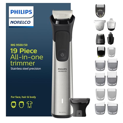 P L-RA 9000, Men's All in One Trimmer for Beard, Head, Hair, Face, Body, and Groin - No Blade Oil Needed, MG9500/50 - The Body Shaver Attachment Efficiently Shaves Body Hair While Protecting Skin