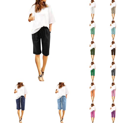 Leinenshorts Damen Boho Knielang mit Tunnelzug Kurze Hose Leinen Bermuda...