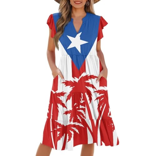 Image of Women's Casual Ruffle Sleeve Dress V Neck Pullover Dress Flowy A-Line Pleated Lightweight Dress with Pockets