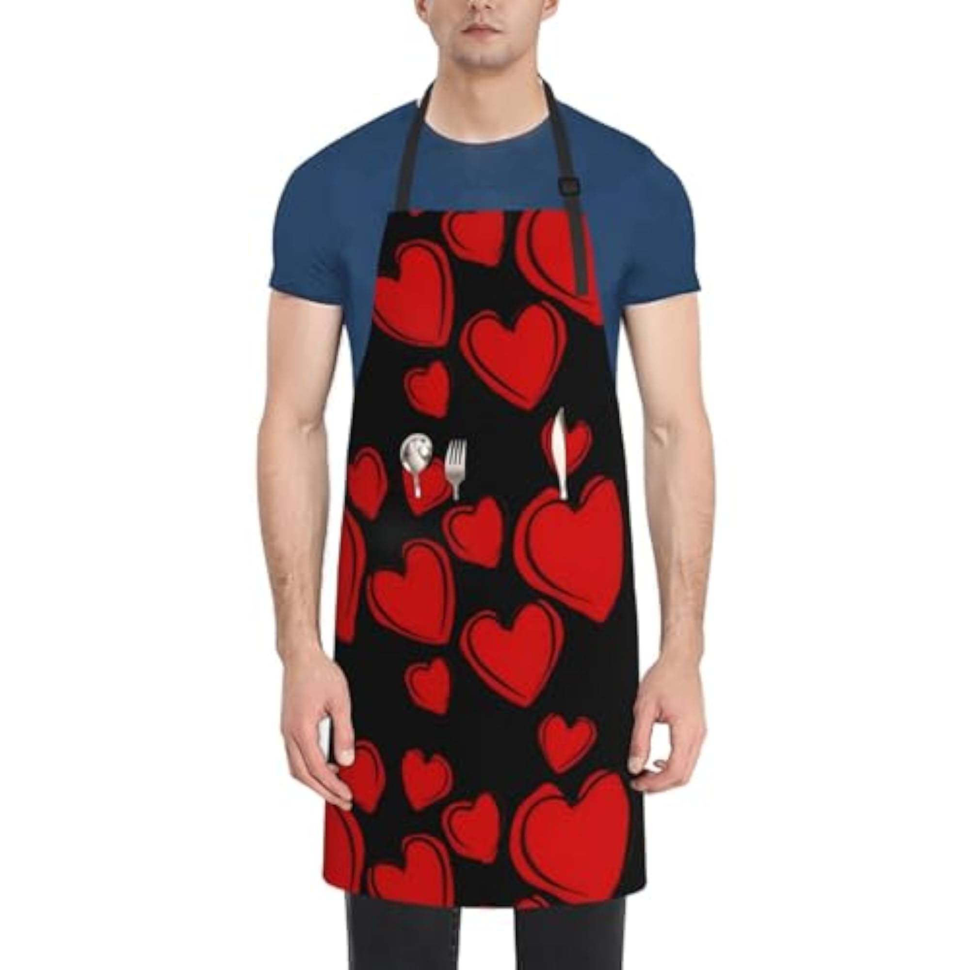 Adjustable Red Pink Heart Print Aprons for Couples