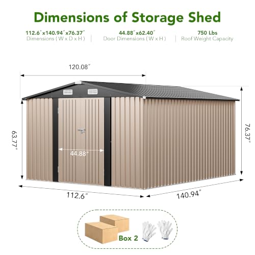 MXV 12 x 10FT Outdoor Storage Shed, Metal Garden Shed with Windows, Double Lockable Doors & Sloped Roof, Waterproof Tool Sheds for Backyard Garden Patio Lawn, Brown - Image 2
