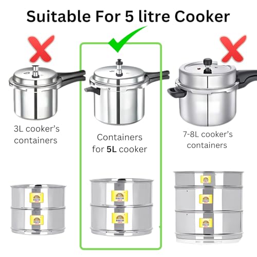 Image of Rakesh Gold Stainless Steel Container /cooker Separator | Stackable Food Grade, Rust-Free, Easy to Clean (Cooker Containers, Suitable for 5 litre Cooker - 3Pcs)