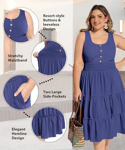 Image of RITERA Plus Size Summer Casual Dresses for Women Sleeveless Button Down Empire Waist Ruffle Tiered Swing Midi Dress XL-5XL