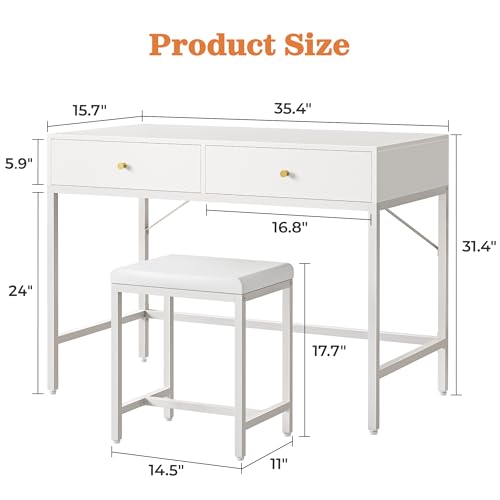 Image of SUPERJARE 35.4 inch White Desk with 2 Drawers, Modern Makeup Vanity