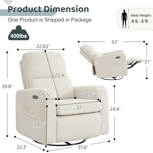 Image of Swivel Rocker Recliner, Oversized Power Recliner Glider with Removable Cushion, Upholstered Corduroy Swivel Reclining Nursery Chairs for Living Room Bedroom, Cream White