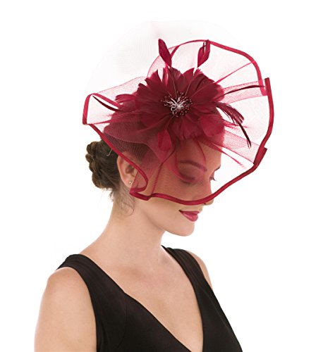 Fascinators Hat Flower Mesh Ribbons Feathers on a Headband and a Clip Tea Party Headwear for Girls and Women(TA1-Burgundy)