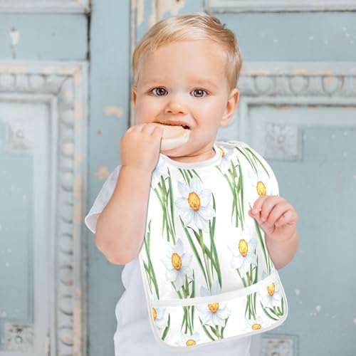 MCHIVER Flower Leaves White Baby Bibs for tag1 Waterproof Feeding Bib Apron with Food Cather Adjustable Cotton Food Eating Bib 2 Pack4