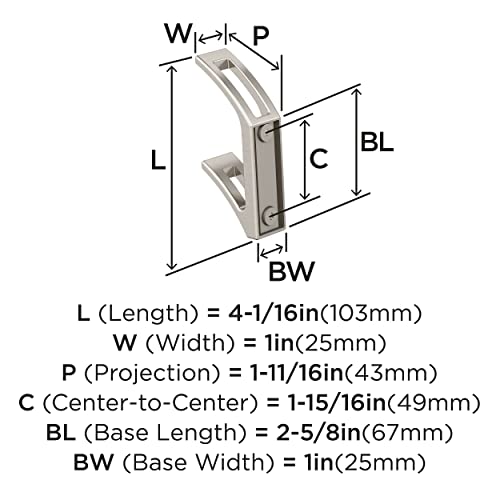 Image of Amerock Avid Double Prong Satin Nickel Wall-Mounted Hook | Decorative wall hook in durable zinc construction for coats, hats, bags, towels, and everyday organization