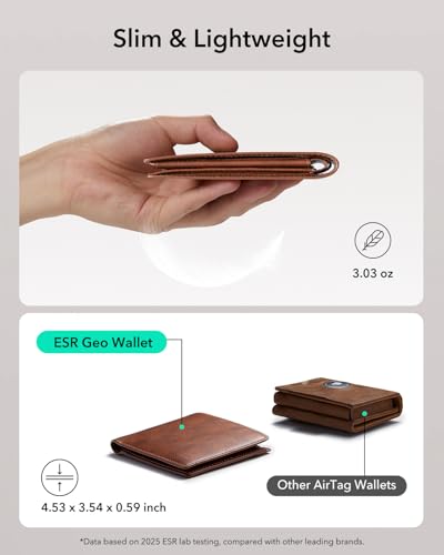 Image of ESR Geo Wallet with Find My, RFID Blocking, Wallet for Men, Wallet Tracker(iOS 14.5 Above Only), Holds 9 Cards and 15 Bills, Replacement for AirTag Wallet, Slim Bifold Card Holder, Aged Leather