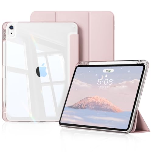 KVTVOU Case for iPad Air 11 Inch 2025/2024 (M3/M2 7th/6th Gen), iPad Air 5th / 4th Generation 2022/2020 10.9 Inch with Pencil Holder, Clear Back, Ultrathin Protective Case, Auto Sleep/Wake, Pink