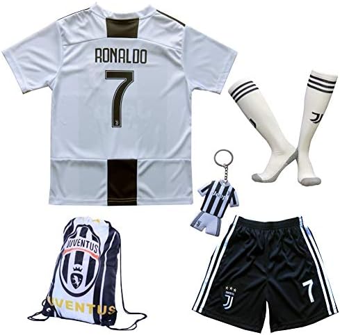 GamesDur 2018/2019 Cristiano Ronaldo #7 Home Football Soccer Kids Jersey & Short & Sock & Soccer Bag Youth Sizes (New (Juve), 13-14 Years)