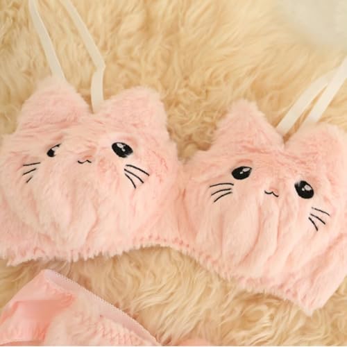 Image of Cute Kawaii Lingerie Set - Plush Kitty Design Adorable Bra and Panty Set in Soft Pink and Cream - Cosplay Lingerie Honeymoon Date Night Couple Gift Sexy Lingerie for Women