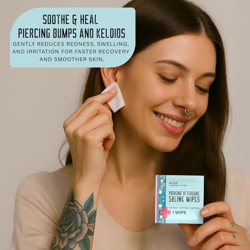 Image of Base Labs Piercing Aftercare Wipes | Cleanses & Sanitizes | Piercing Cleaner Wipes for Nose, Ear, Belly, Lips | Saline Solution for Piercings | Keloid Bump Removal & Piercing Bump Treatment | 2PK