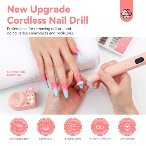 SAVILAND Professional Electric Nail Drill: 20000RPM Cordless Efile Nail Drill Pink Protable Nail File with Base for Nail Grinding & Polishing Gel Acrylic Nails Faster Remover Salon at Home