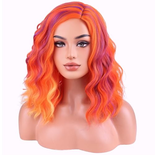 Image of BERON Orange Pink and Purple Short Wave Wig for Women Girls Colored Body Heat Resistant Synthetic Wig for Cosplay Costume Party or Daily