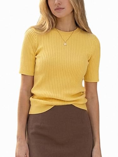 Image of Biffexu Womens Short Sleeve Tops Crew Neck Pullover Sweaters | Basic Clothes Business Outfits for Women