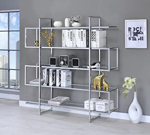 Coaster Home Furnishings Modern Contemporary 5 Shelf Zig Zag Bookcase Etagere Metal Bookshelf Clear Tempered Glass Shelves Chrome #TOP4
