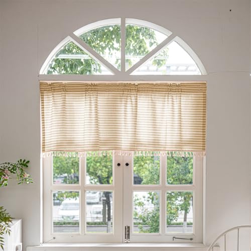 Odot Cortinas Cocina, Cortinas Semitransparente Moderno y Visillos Cortos para Ventanas, 1 Panel Cortina Cocina, para Salón Lavadero Baño y Pequeñas Ventanas (Rayas Beige,150x77cm)