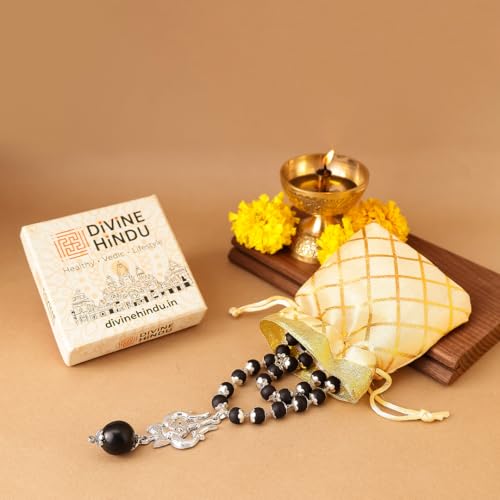 Image of Divine Hindu OM Shiva Trishool Karungali Mala with Silver Caps | Black Ebony Wood Spiritual Necklace | Protection, Meditation, Healing, Energy Balance, Shiva Bhakti Mala | for Men & Women - 108beads