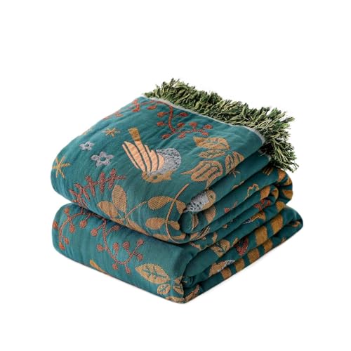 Boho Throw Blanket for Bed 100% Cotton Soft Quilt Spring Lightweight Blanket Bird Floral Embroidery...