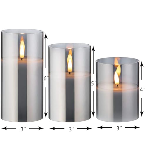 Image of CANDLE CHOICE Real Wax Battery Operated Flameless Pillar Candles with Timer Grey Glass Shell Realistic Black Wick Flickering Electric LED Lights Wedding Party Halloween Christmas Decorations 3 Pack