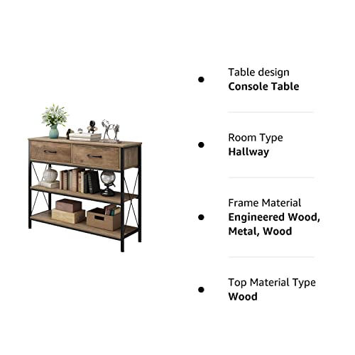 Urkno Console Table With Drawers, Rustic Hallway Table With Storage Shelves, Narrow Long Sofa Entryway Table For Living Room, Metal Frame, Rustic Brown #TOP7