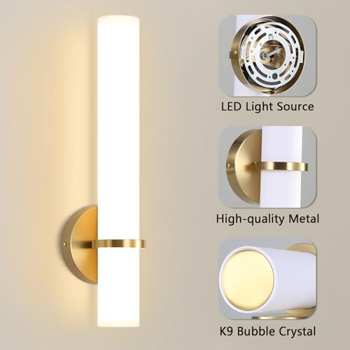Image of 16W LED Dimming Wall Sconces 2 Packs, 3000K Warm Lights Dimmable, White Lampshade Bathroom Vanity Lighting Wall Light Fixtures for Bedroom Dining Living Hallway, Antique Gold