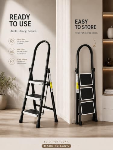 Image of KITCHIVO 3 Step Foldable Ladder with Safety Handrail, Wide Anti-Slip Steps & Non-Slip Feet, Heavy Duty Steel Step Ladder for Home, Kitchen & Office