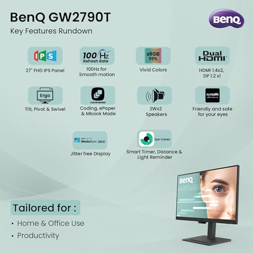 BenQ GW2790T 27" 1300:1 CR 1080p FHD IPS Monitor| 100Hz| 99% sRGB| Height Adjustable| Ergo Design| VESA MediaSync| Dual HDMI| DP Port| Speakers|... - Image 2