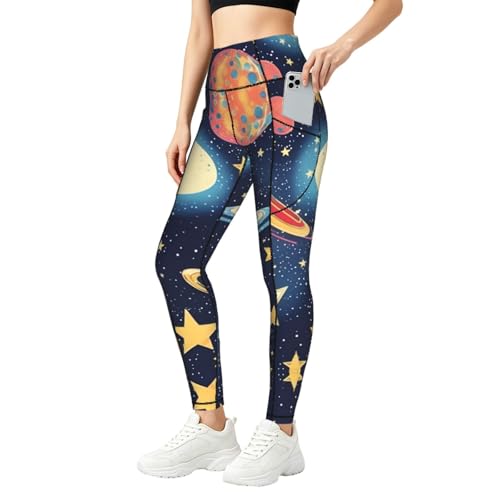 Leggings con estampado espacial para mujer: conjuntos de gimnasio con prácticos bolsillos