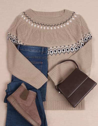 Image of Women's Fair Isle Sweater Crew Neck Long Sleeve Heart Sweater Vintage Tops