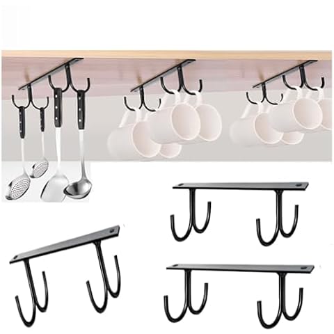 DMOKJER 3 Pack Coffee Mug Holder Under Cabinet,12pcs Mugs Hooks Under Shelf,Display Hanging Cups Drying Hook for Kitchen Cabinet Organizer Black Cover