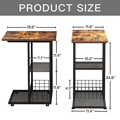 Nongshim Snack Side Table, C Shaped Table With Storage Basket, Sofa Table With Metal Frames, Small Snack Tables For Living Room, Bedroom, Rustic Brown #TOP2