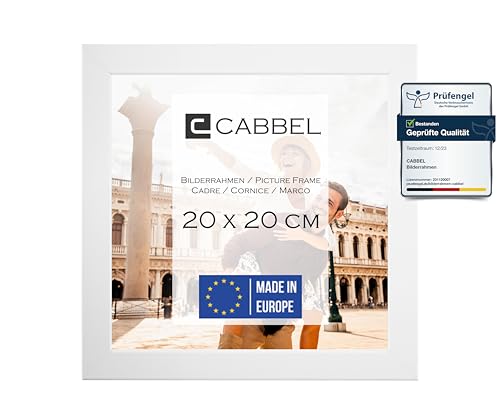 CABBEL Portarretratos 20x20 cm, blanco, robusto marco de madera MDF, cristal Plexi inastillable, para colgar y colocar, ideal para fotos / imágenes / collage