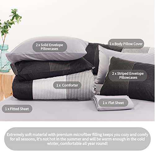 Rynghipy 8Pcs Revsible Grey Black Striped Down Alternative Comforter Bedding Collections, Lightweight All Season Striped Bedding Comforters Sets For Queen Bed (Queen,Grey Black) #TOP3