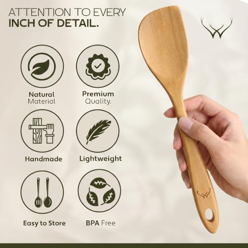 Image of Prime Bamboo Wooden Spoons for Cooking Set of 3 Pcs - Wooden Cooking Utensils with Long Handle, Includes Flat Wood Spoon, Bamboo Spatula, and Slotted Spoon for Kitchen Utensils Set