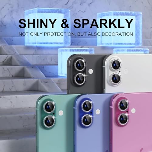 Image of Diamond Camera Lens Protector for iPhone 16 & iPhone 16 Plus Blue HD Clear 9H Hard Tempered Glass Camera Cover Waterproof Easy Install Full Camera Protection Anti Drop Case Friendly Luxury Shiny Diamond Design