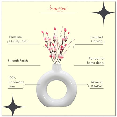 Image of Modern Ceramic Ring Vase with Pink Floral Stems, White, Decorative Flower Holder for Home (6 INCH)