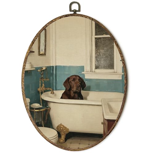 OINDADE Chocolate Lab Bathroom Oval Wall Art Decor Funny Labrador Bathtub Wall Art Hanging Decor Gifts for Labrador Retriever Lovers Framed Canvas Artwork for Bathroom 8.8x11.5in