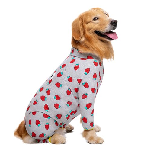 ISUPY 犬 パジャマ ロンパース つなぎ 春夏秋 ペット服 中大型犬 カバーオール 背中開き ドッグウエア Tシャツ 柔らかい 保温 ペット洋服 寝間着 ルームウェア 部屋着 抜け毛防止 お散歩 (30,グレー/いちご)