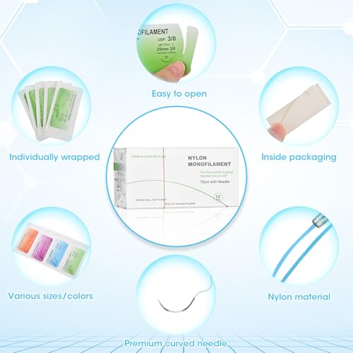 3/0 Nahtmaterial mit Übungsnadeln, Nachfüllpackung für Chirurgisches Nahtset, Nadel und faden set, Wundnaht-Kit Zusatz, idealer Naht-Übungsfaden für Studenten (12)