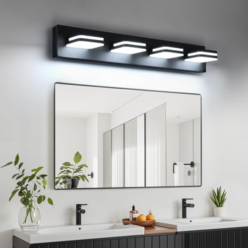Image of Torondo 360 Rotate LED Bathroom Vanity Light Fixtures, Acrylic Vanity Lights for Bathroom, Modern Wall Lighting Fixtures Over Mirror Living, Matte Black, 100%-0% Natural White, 4-Light, 27-Inch