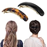 YIERSO French Oval Barrette Hair Clips,Acetate Narrow Vintage Tortoise Barrettes,Strong Hold No-Slip Grip Metal Clasp,2-Pack 3.75' Accessories for Women Thick Thin Wavy Long Hair Gift (Black&Tortoise)