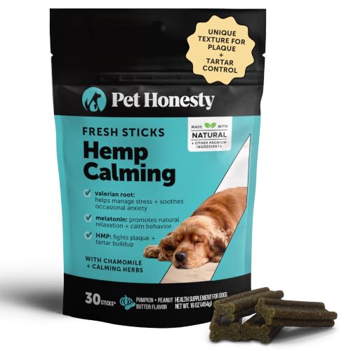 Hemp Calming Dog Dental Sticks - Reduce Stress + Occasional Anxiousness with Melatonin + Hemp to Promote Calm Reduce Plaque + Tartar Fresh Breath Teeth Cleaning Treats (Pumpkin Peanut Butter 30 Ct)