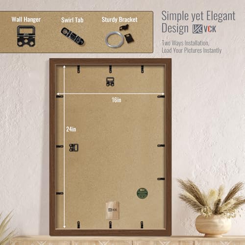 Image of VCK 16x24 Picture Frame 5 Pack, Brown Wood, 12x18 Mat, for Wall Art